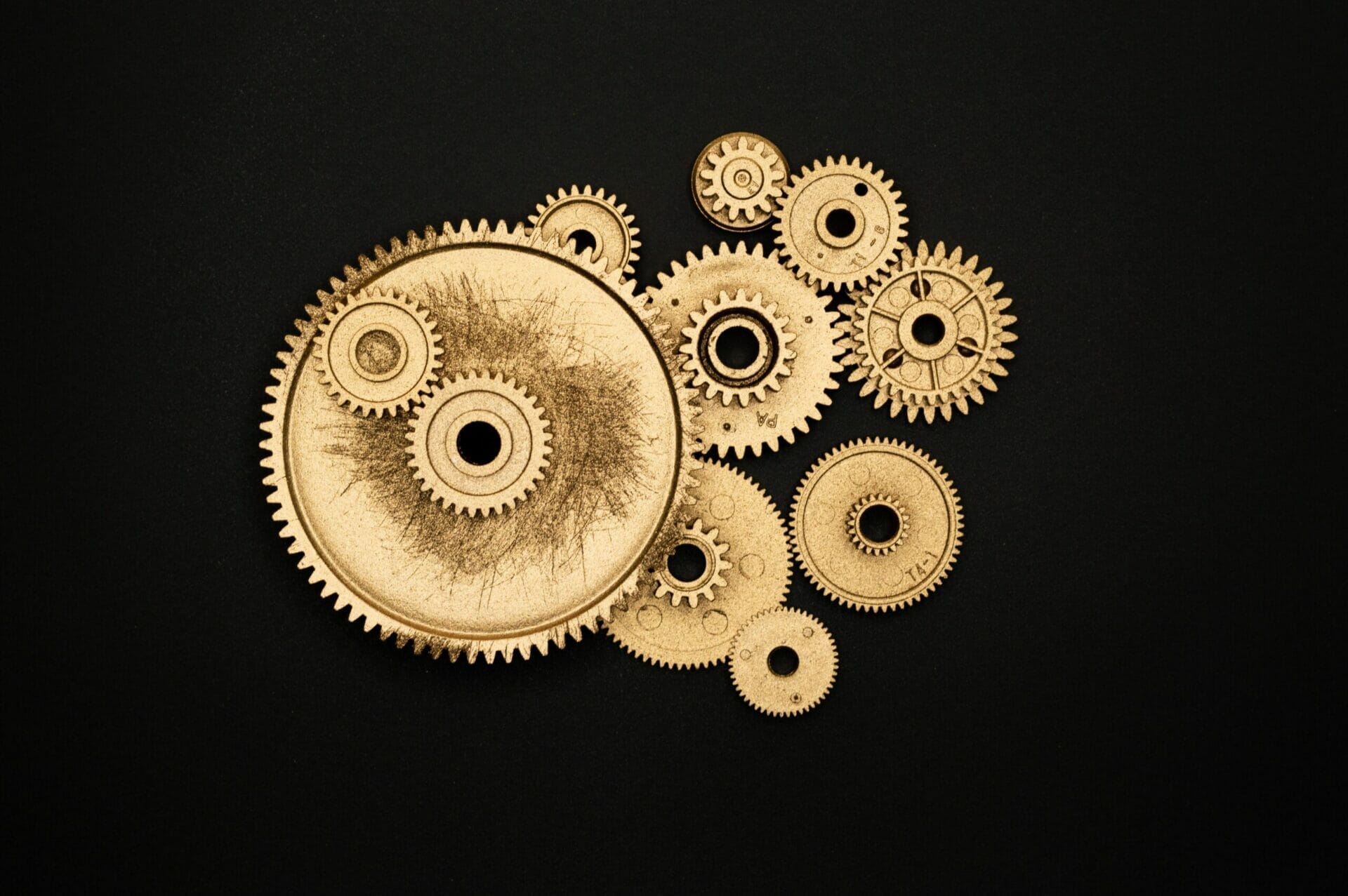 Black background with multiple copper coloured mechanical cogs