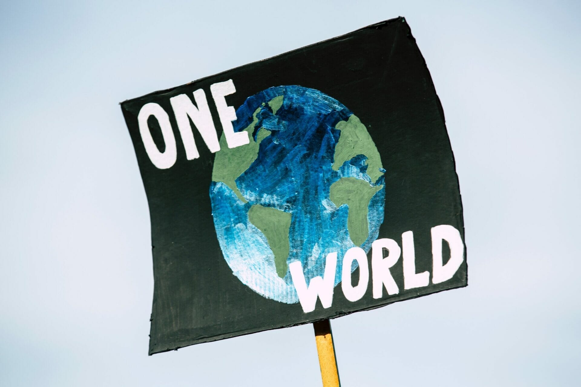 Protest sign painted with image of the Earth and text "One World"